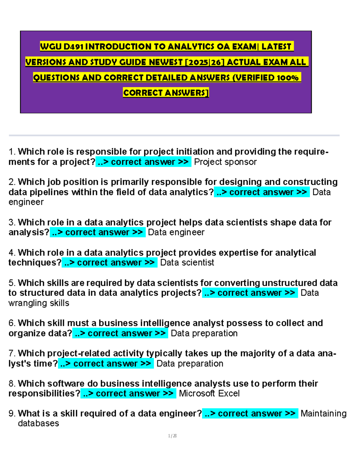 WGU D491 Introduction to Analytics OA Study Guide: Exam Questions ...