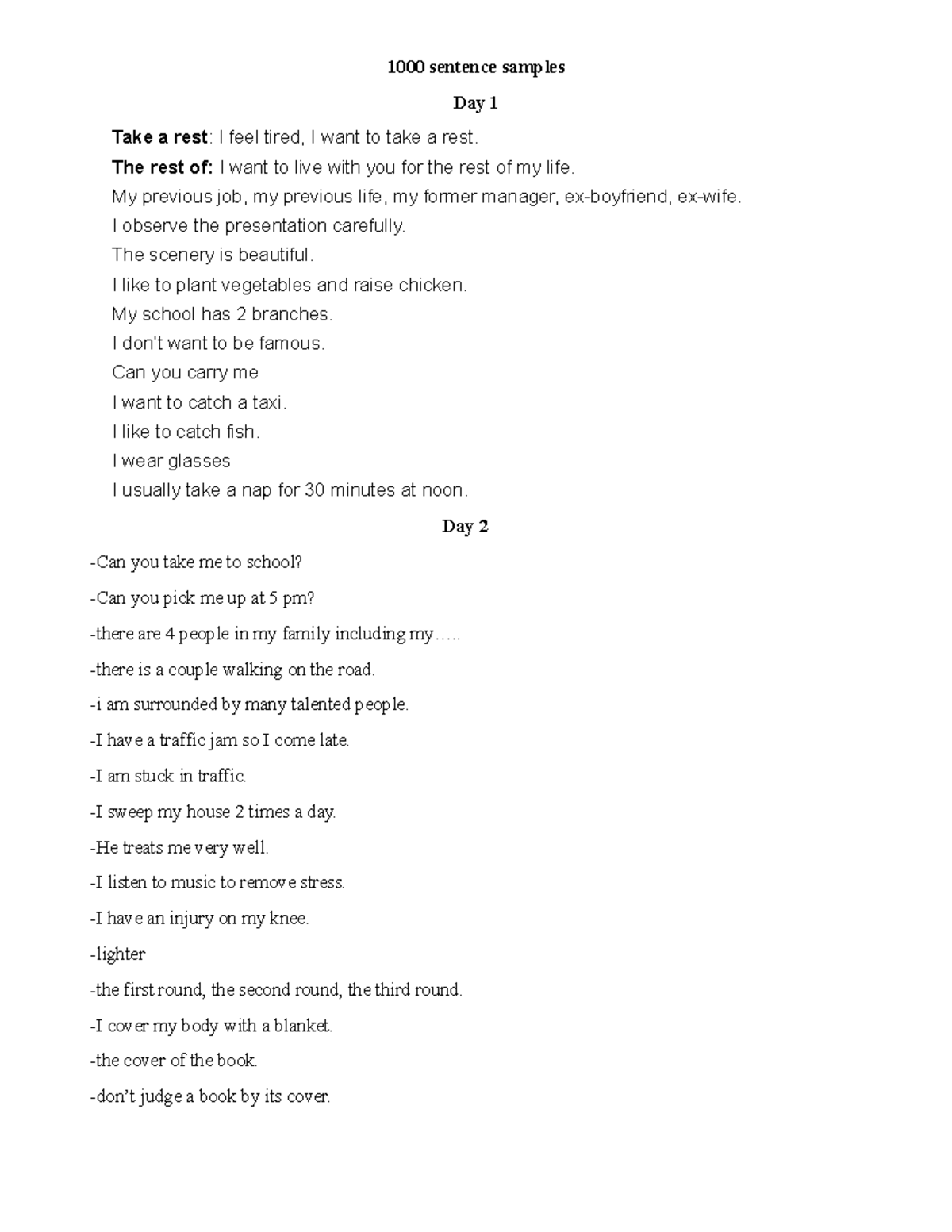 1000 Sentence Samples for English Learning: Days 1-14 - Studocu