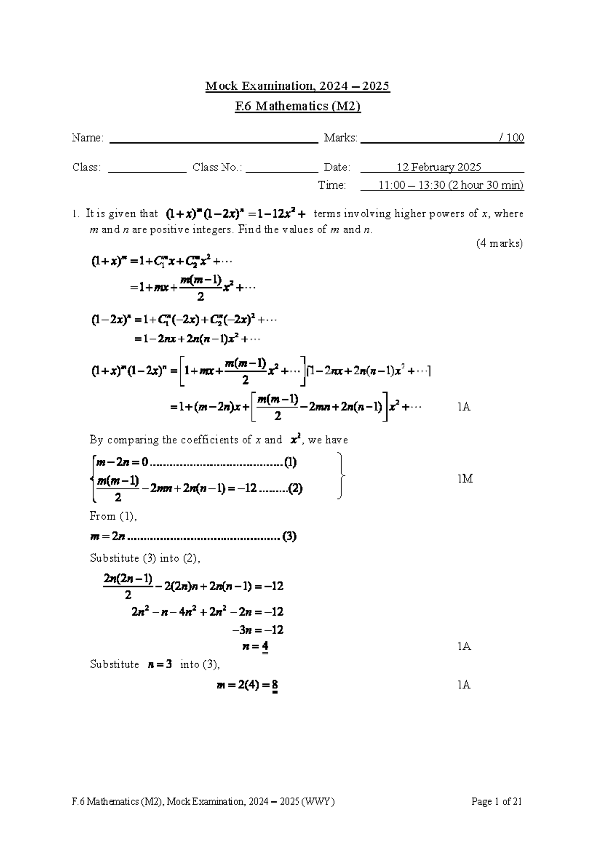 F.6 Mathematics (M2) Mock Exam Solutions 2024-2025 - Studocu