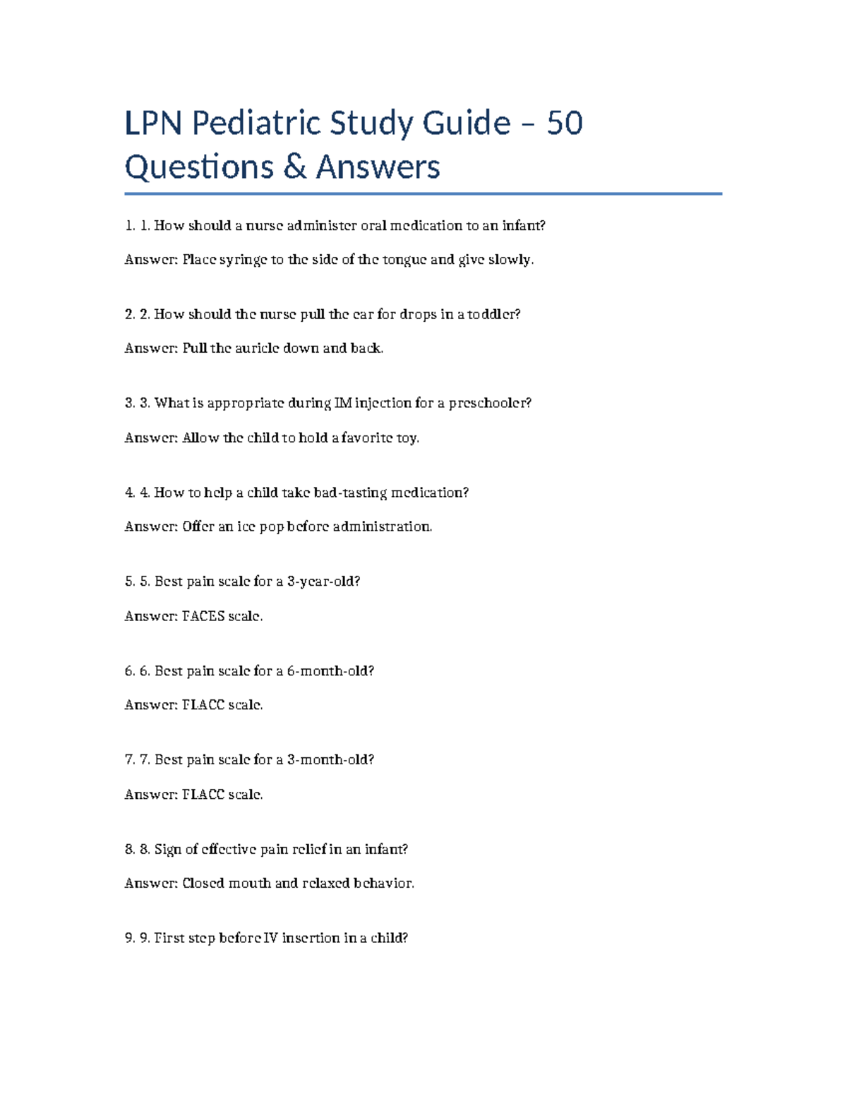 LPN Pediatric Study Guide: 50 Key Questions for Exam 2 - Studocu