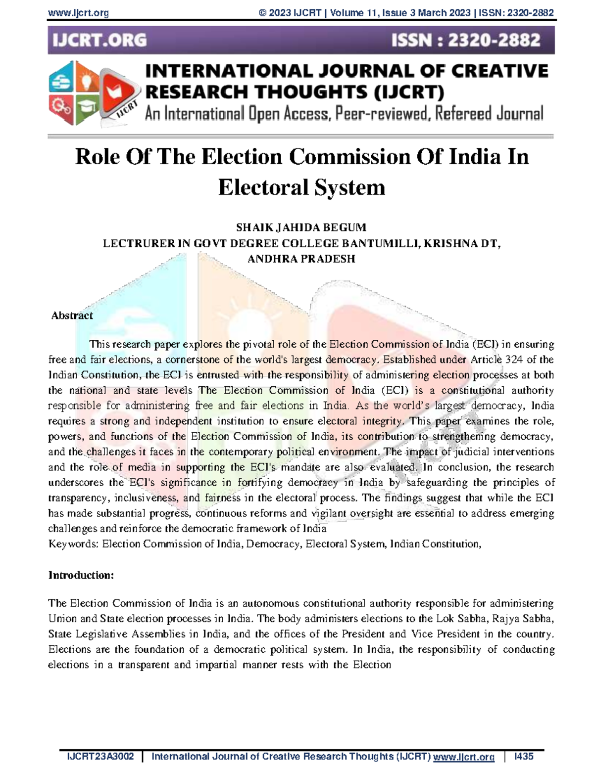 Role of Election Commission of India in Electoral System - IJCRT23A3002 ...