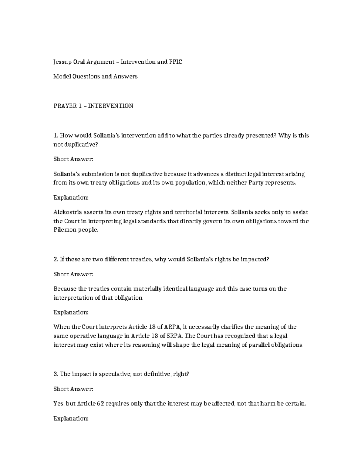 Jessup Oral Argument: Intervention & FPIC Q&A Insights - Studocu