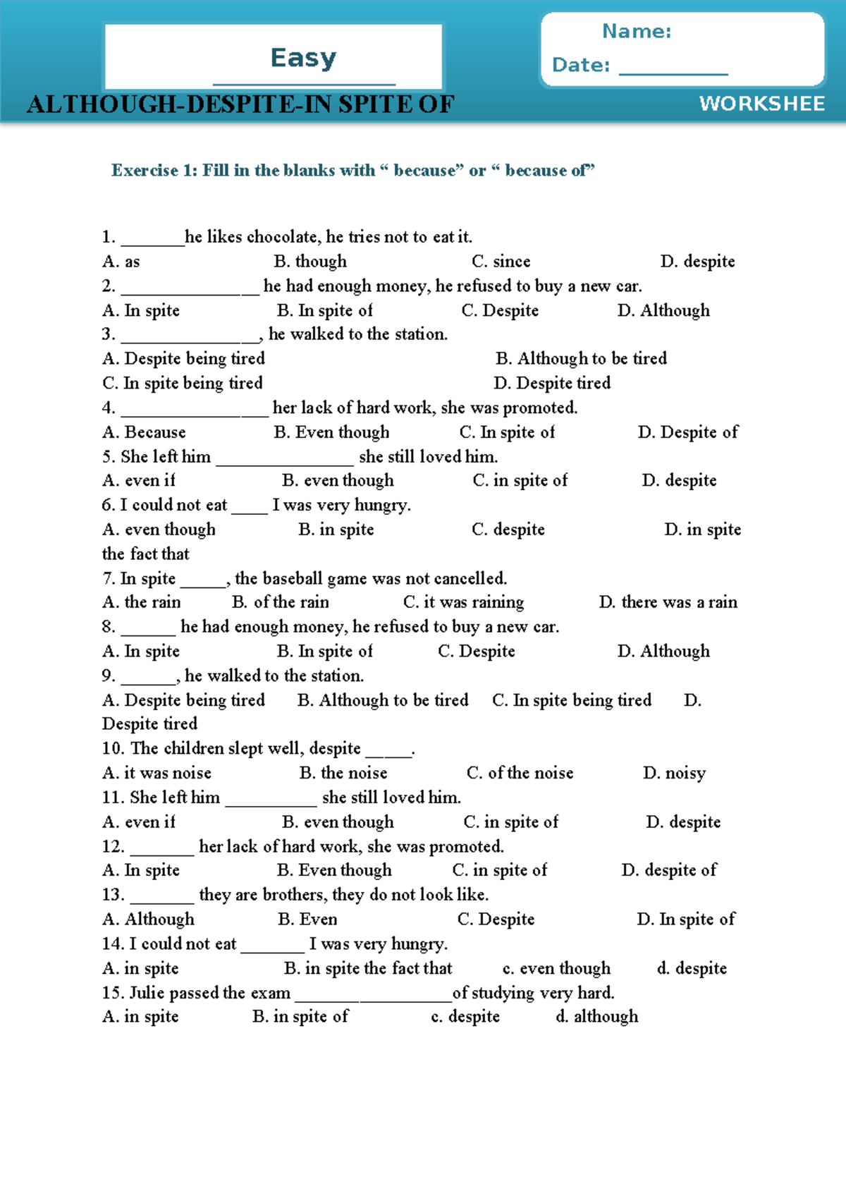 Easy Grammar Worksheet: Although, Despite, In Spite Of - Studocu