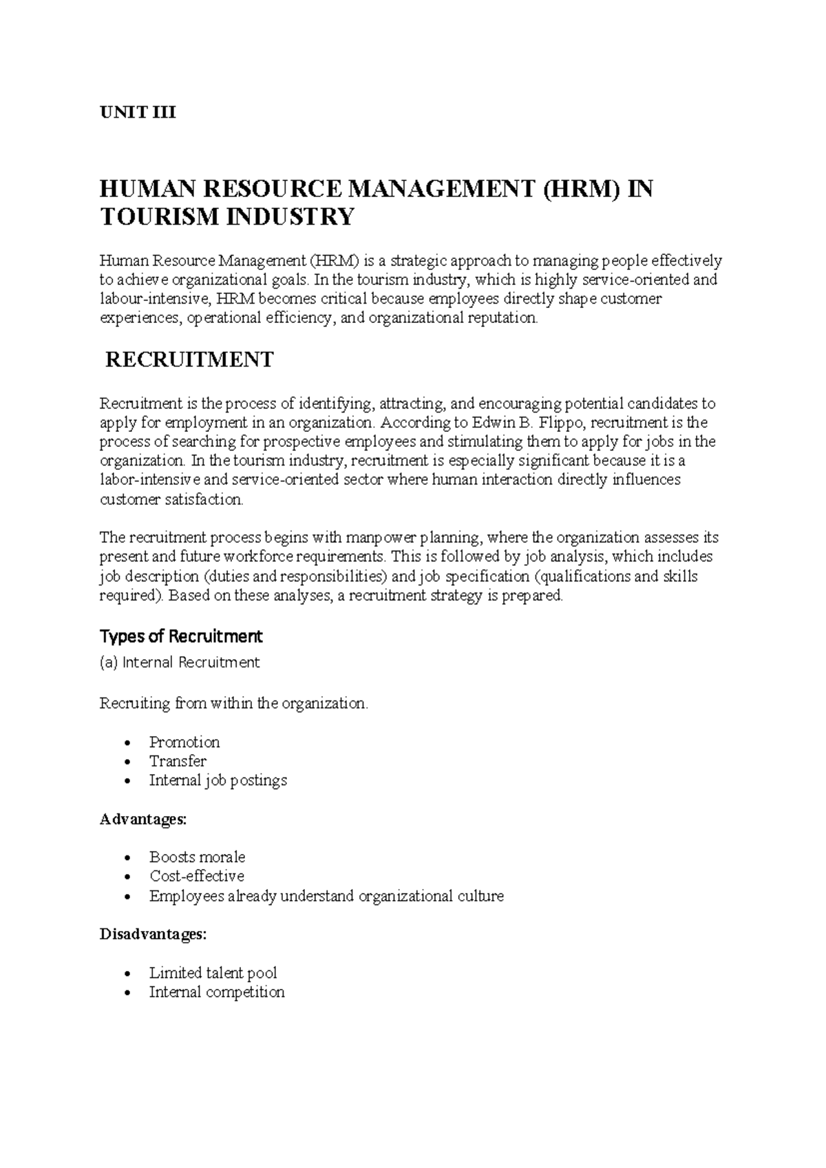 UNIT III-HRM Notes: Human Resource Management in Tourism Industry - Studocu