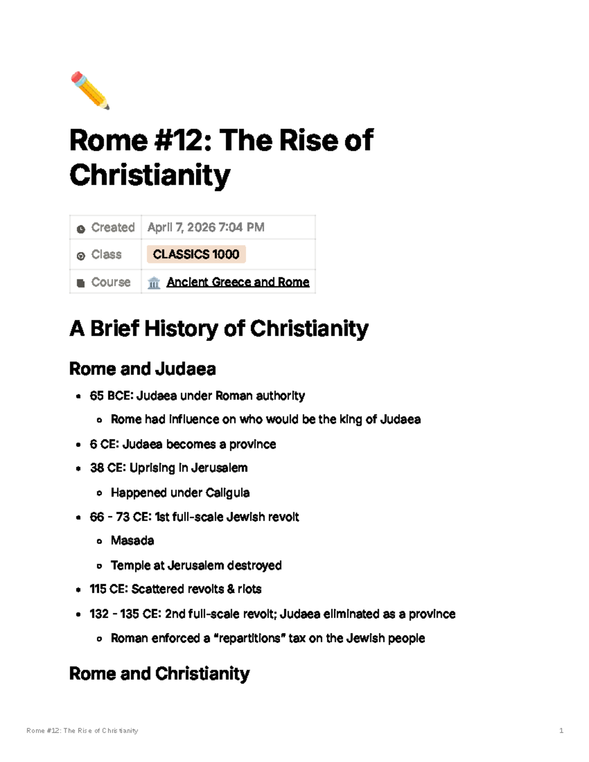 CLASSICS 1000: Rome #12 - The Rise of Christianity - Studocu