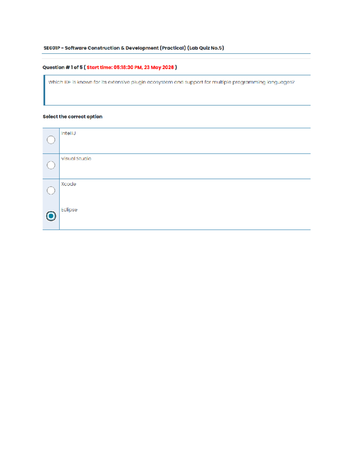 SE601P Software Construction Development (Practical) Lab Quiz #5 - Studocu
