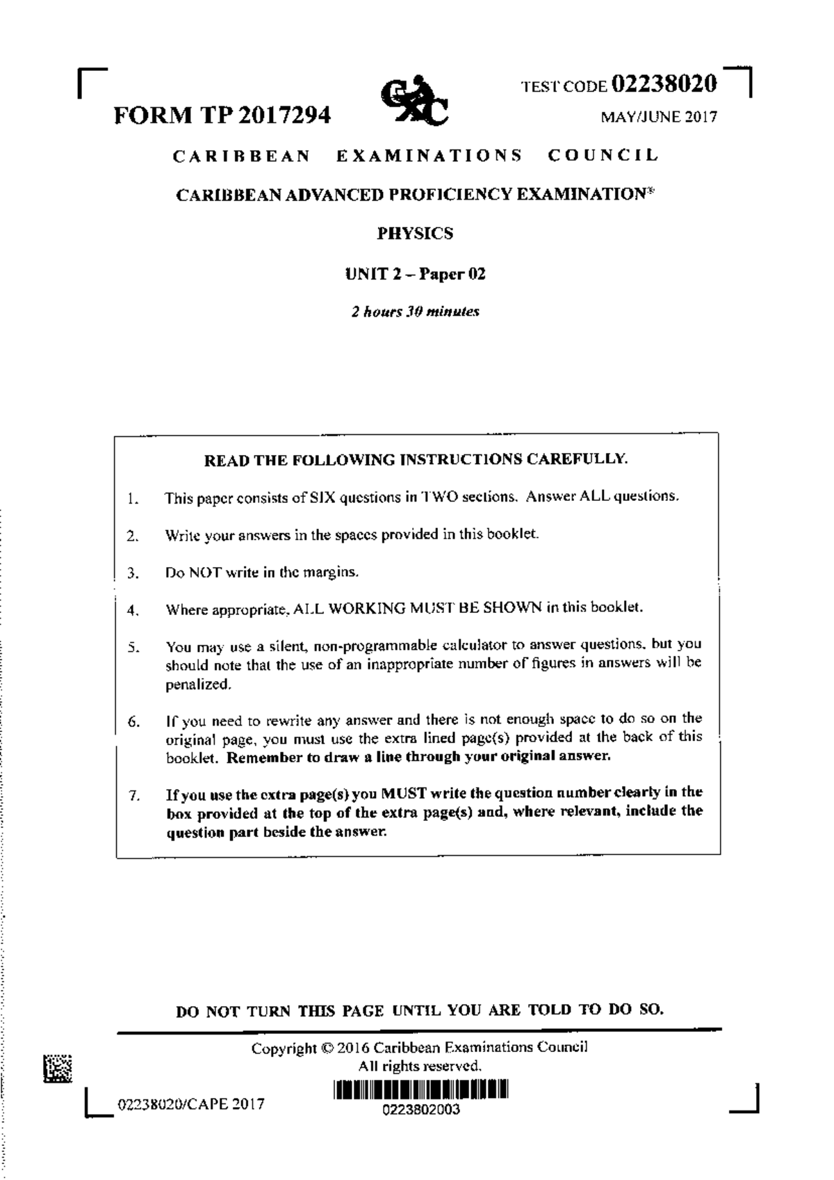 CAPE Physics 2017 Unit 2 Paper 2 - Practice Exam - Studocu