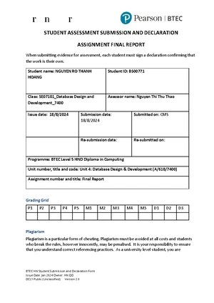 BTEC Level 5 HND Computing Unit 4: Database Design Final Report - Studocu
