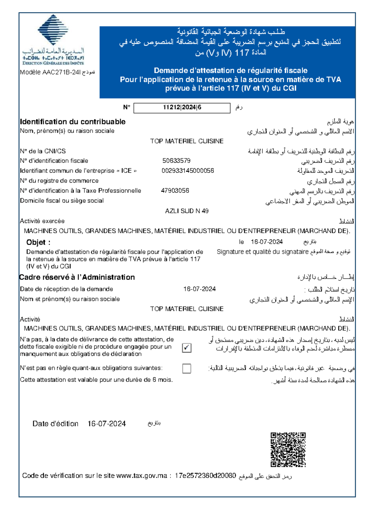 Demande d'Attestation de Régularité Fiscale 50633579 pour TVA - Studocu