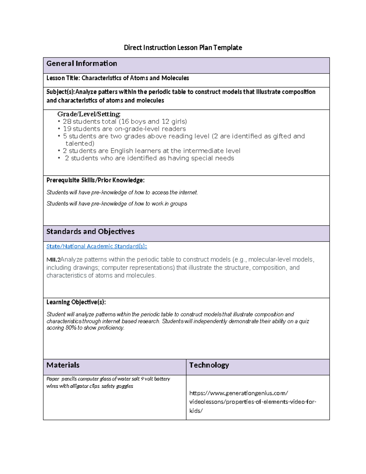 Direct Lesson Plan 1 - Task 2 - Direct Instruction Lesson Plan Template ...