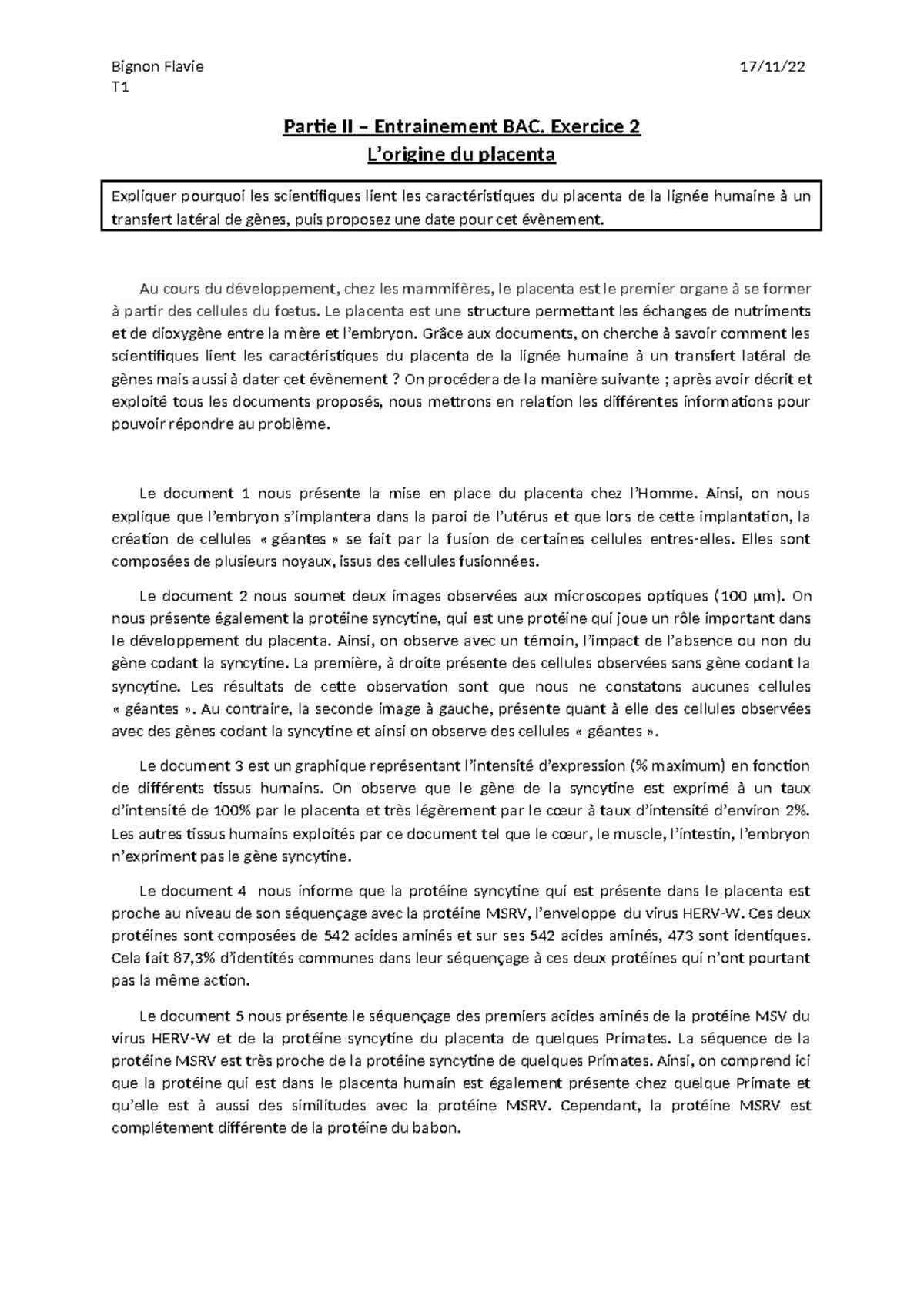 Entrainement BAC Exo 2 : L'origine et le Rôle du Placenta Humain - Studocu