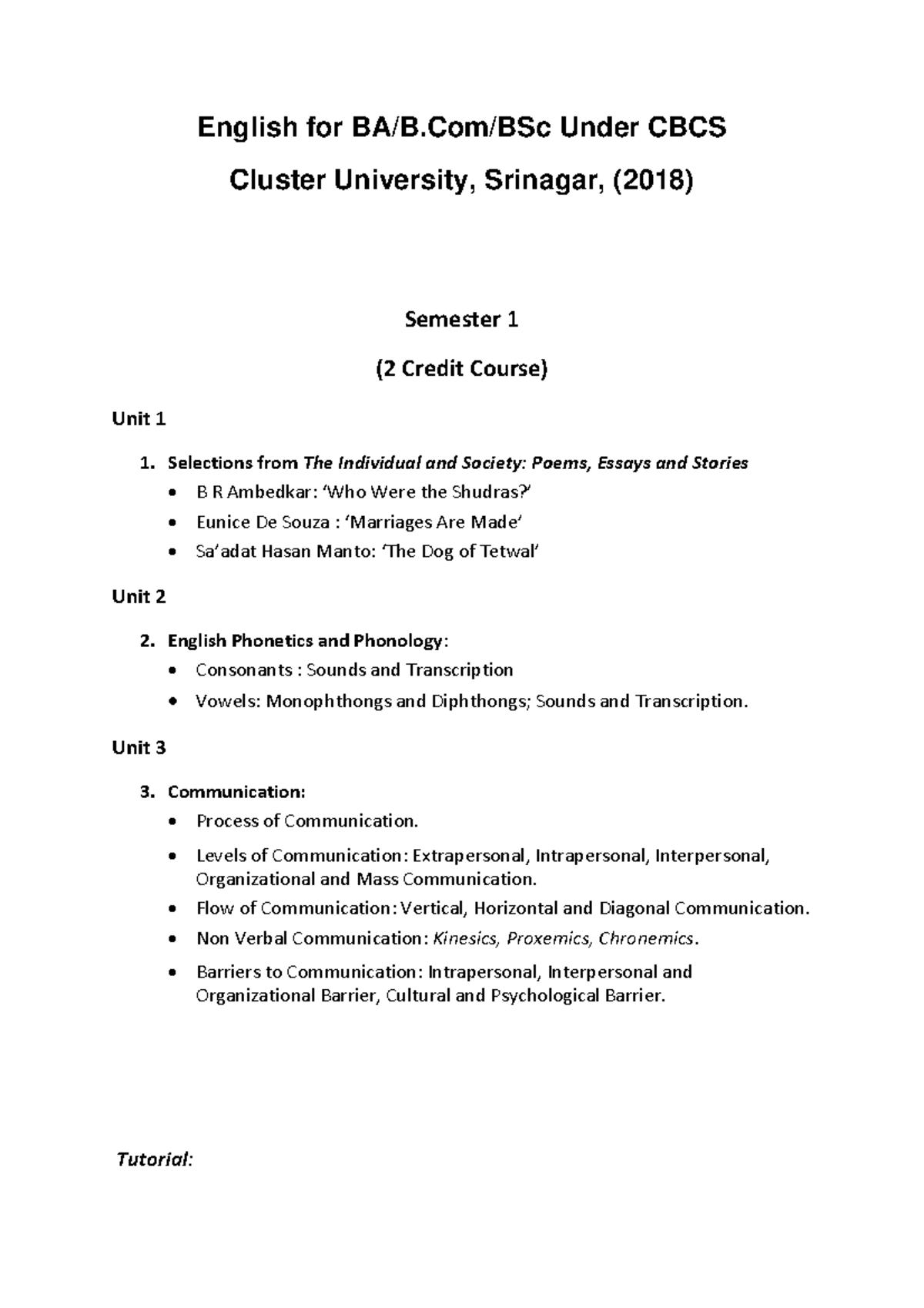 English for Under CBCS - Semester 1: Unit 1 & 2 Overview - Studocu
