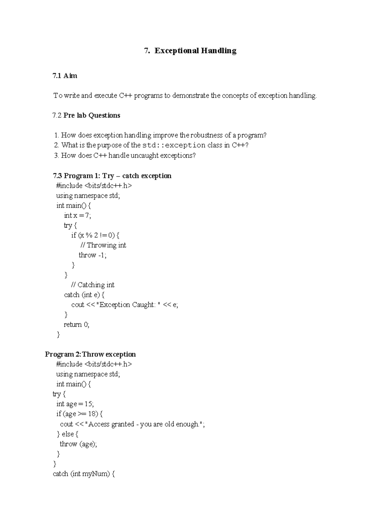 OODP Lab 7: Exception Handling Concepts and Programs - Studocu