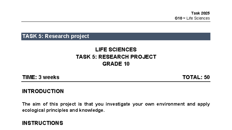 G10 Life Sciences Task 5: Research Project Guidelines (2025) - Studocu