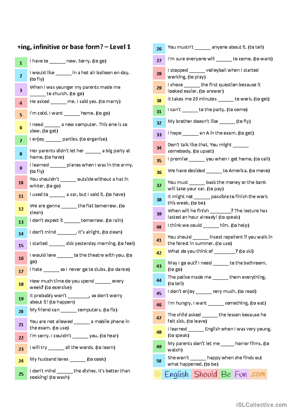 Gerunds and Infinitives - Worksheet - +ing, infinitive or base form ...