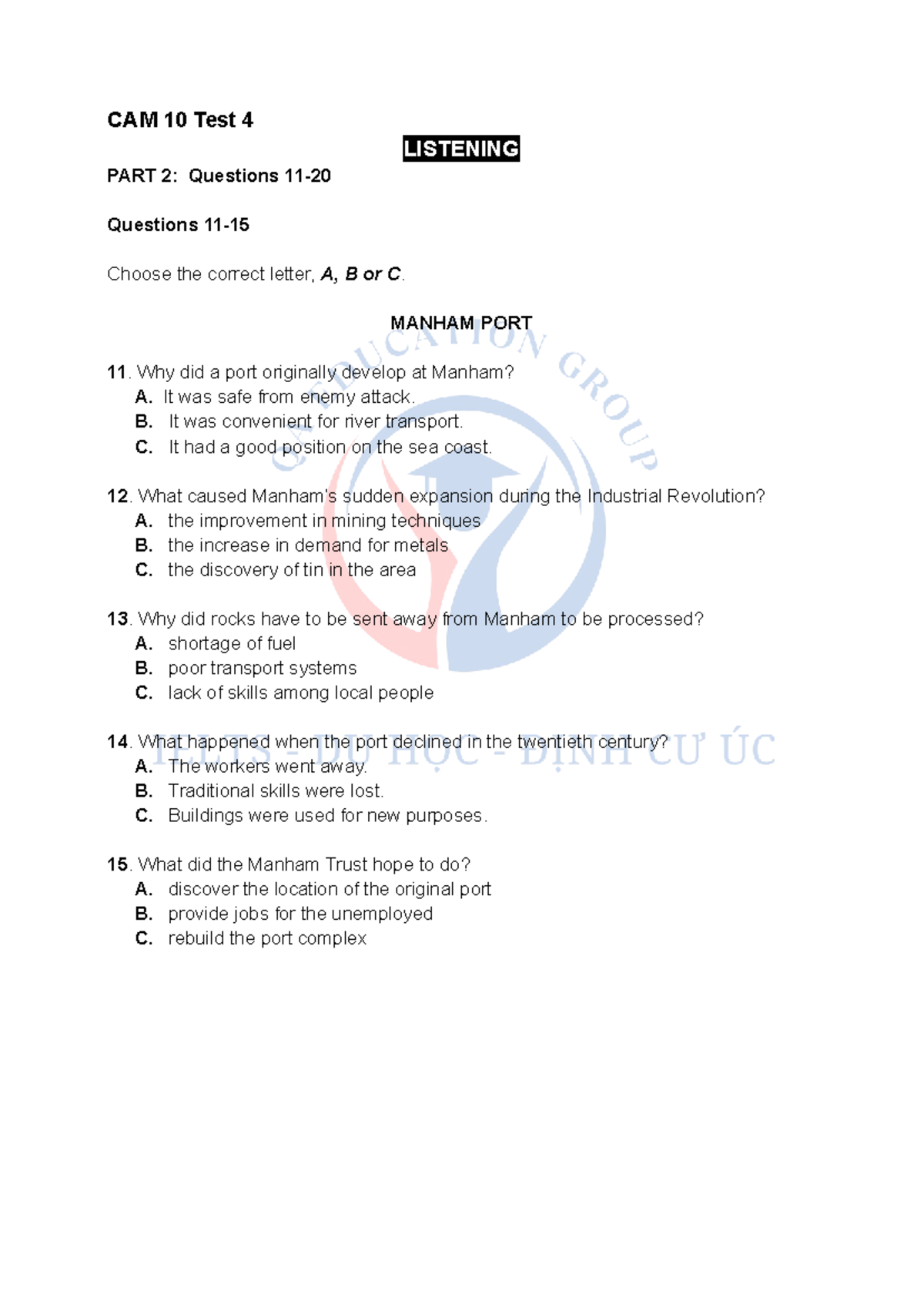 CAM 10 Test 4 Listening Part 2: Question Analysis and Answers - Studocu