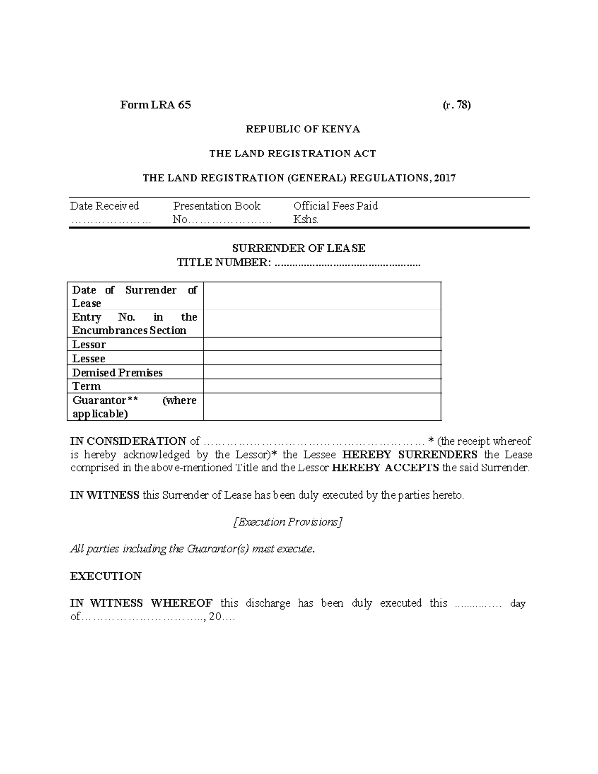 Form LRA 65: Surrender of Lease under the Land Registration Act - Studocu
