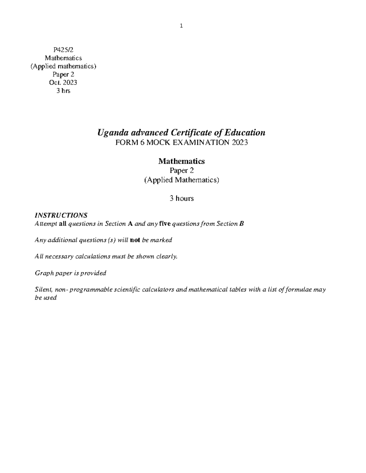 Alevel MATH 2 MOCK EXAM 2023 - Applied Mathematics Paper 2 - Studocu