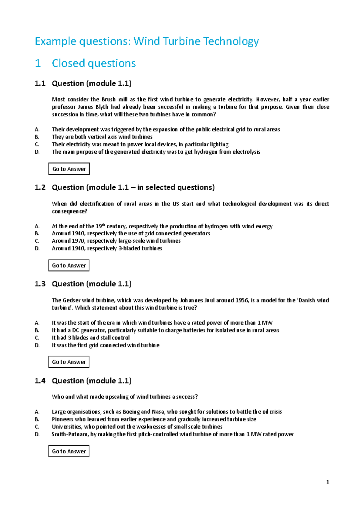 Wind Turbine Technology 1: Example Questions and Answers - Studeersnel