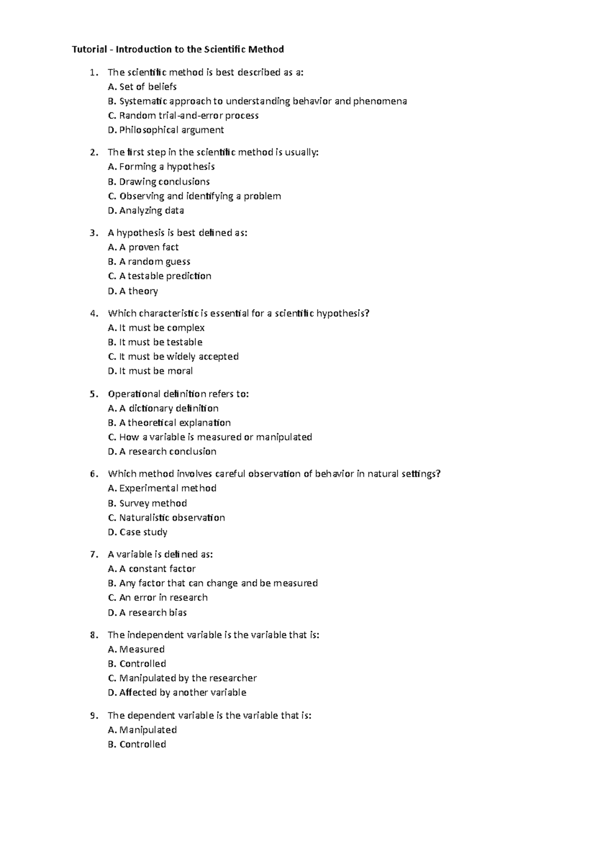 Tutorial: Intro to the Scientific Method (SCI101) - Studocu