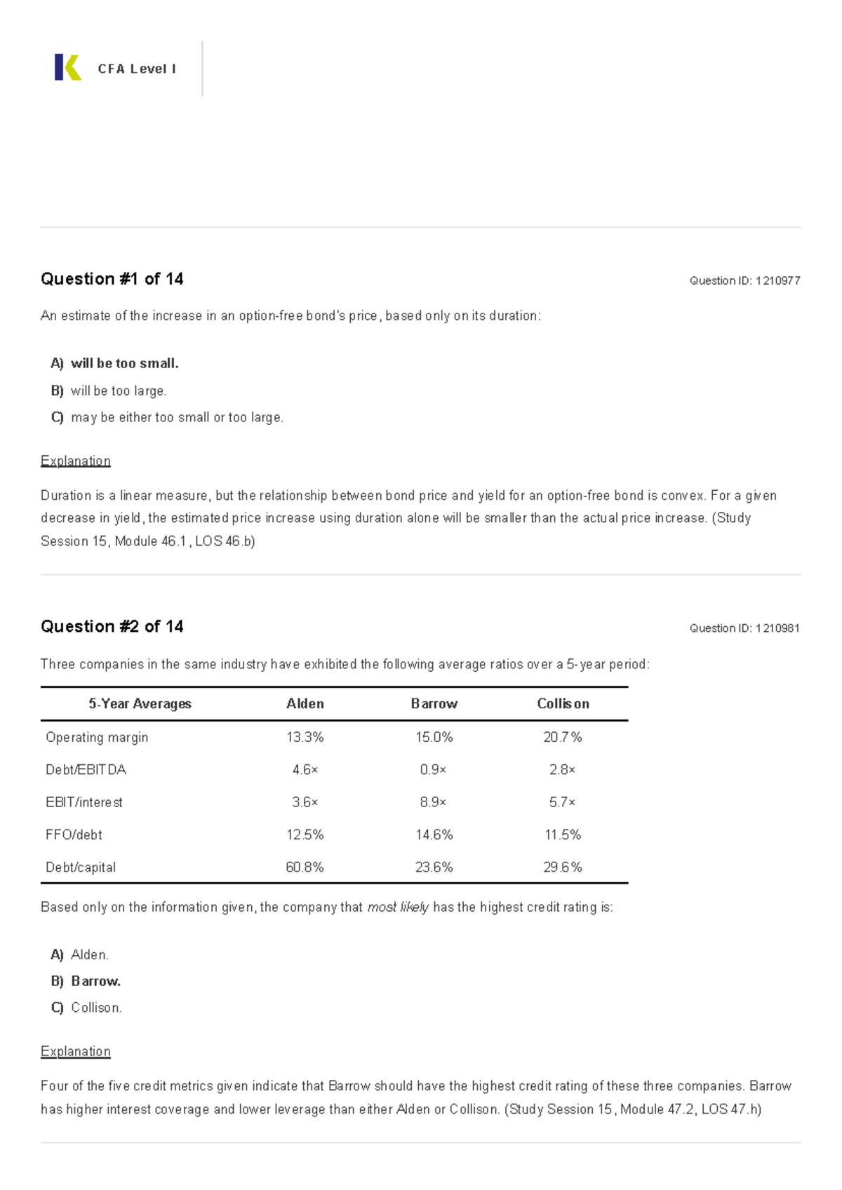 CFA Level I Fixed Income - Answers to Questions 14-21 - Studocu