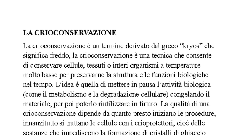 LA CRIOCONSERVAZIONE: Tecniche, Metodi e Questioni Etiche - Studocu