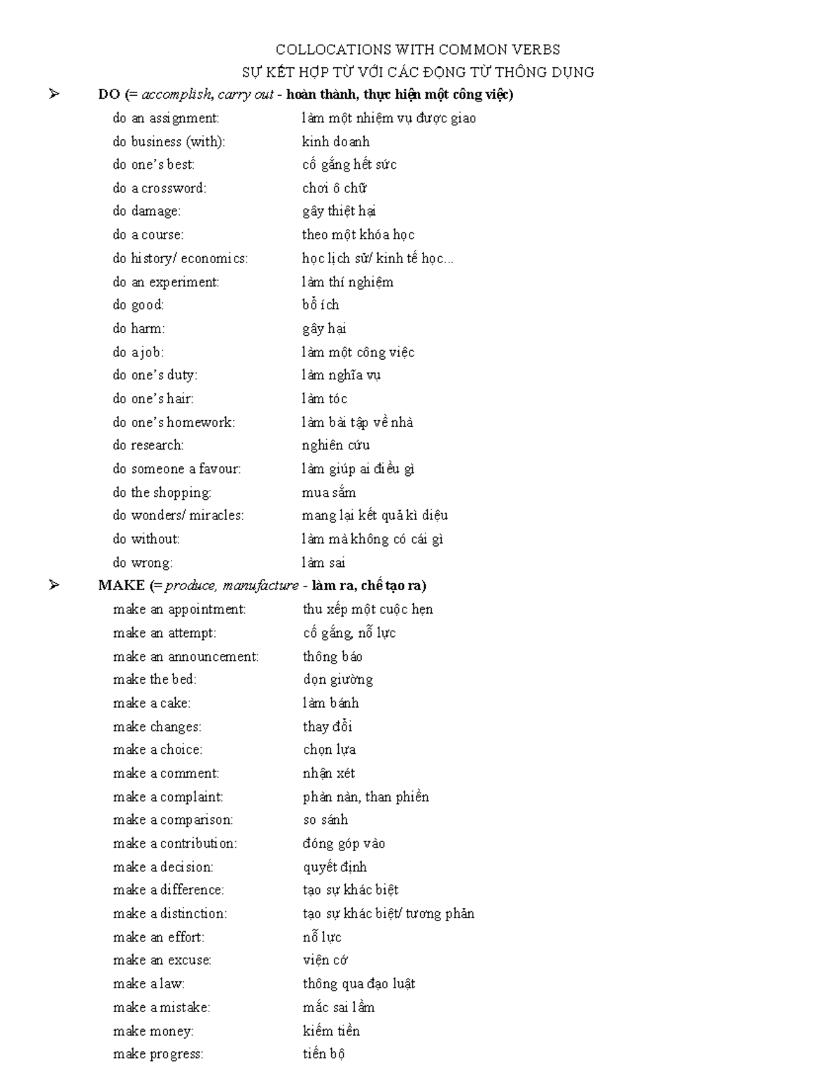 Collocations with Common Verbs: A Comprehensive Guide - Studocu