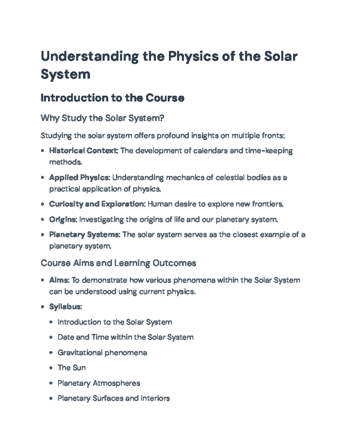 Physics of the Solar System: Concepts and Course Overview ...