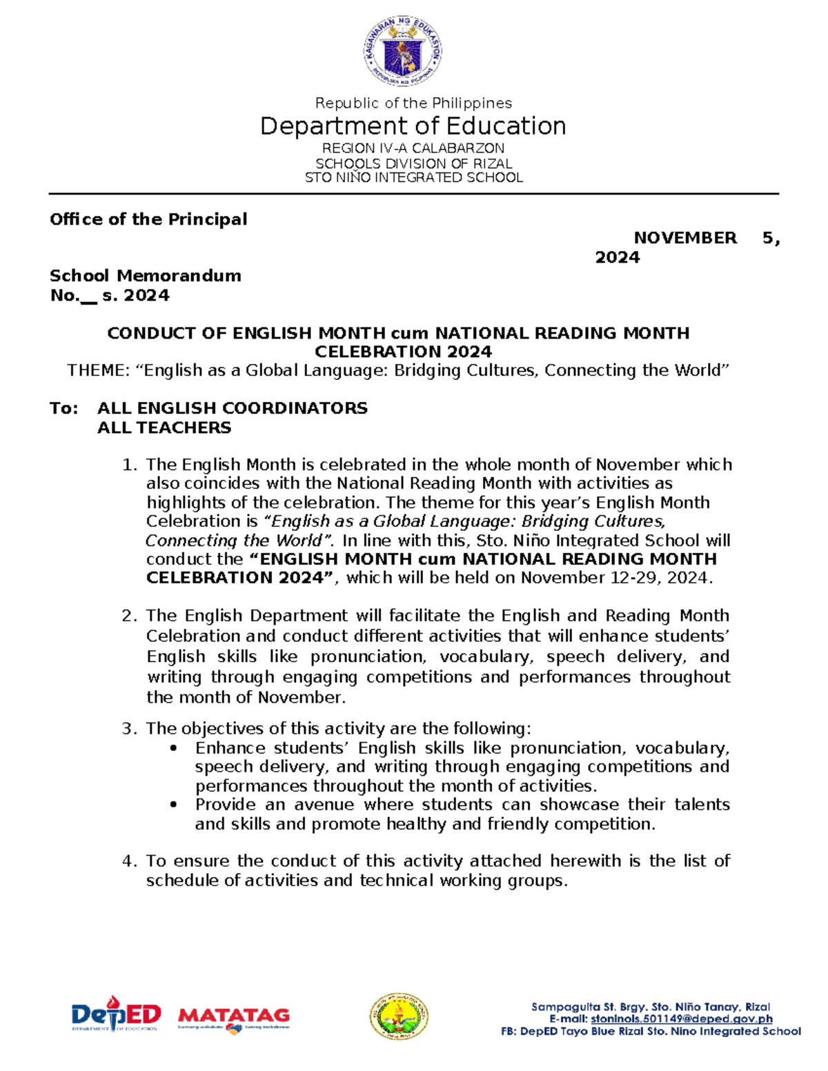 Memo: English Month and National Reading Month Celebration 2024 - Studocu