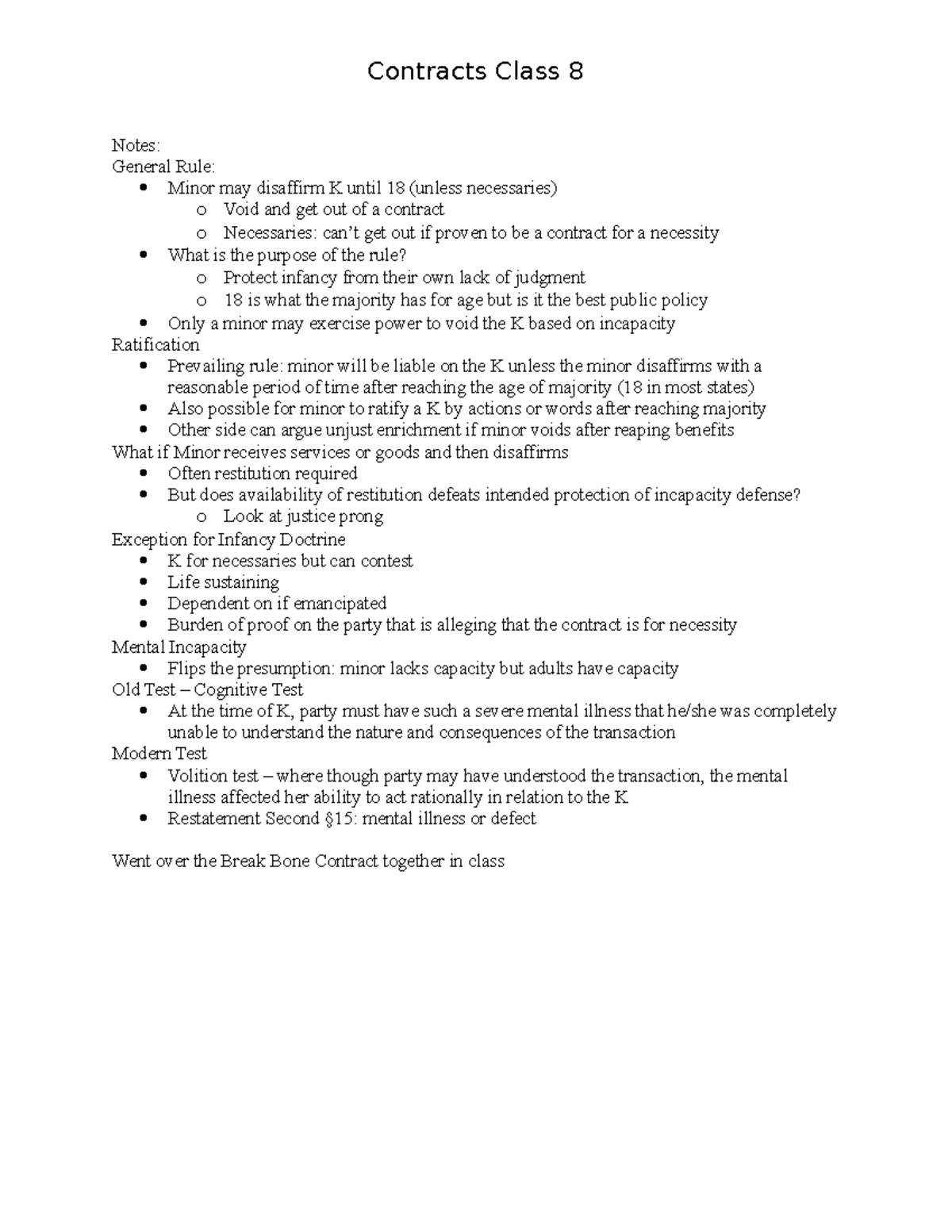 Contracts Class 8: Minor Disaffirmance and Mental Incapacity Notes ...