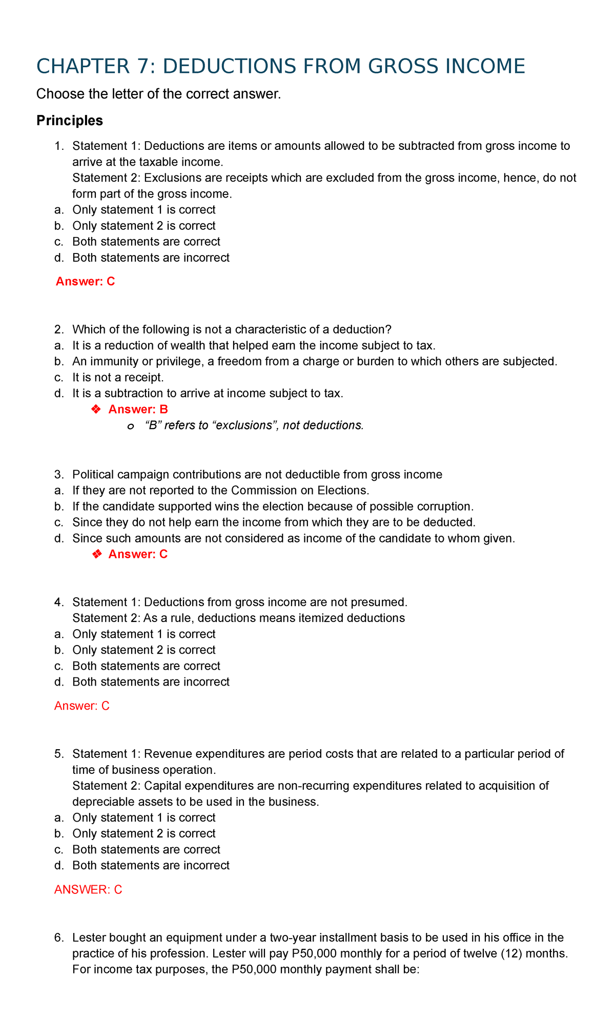 Chapter 7 - Deductions from Gross Income Study Notes (FIN 201) - Studocu