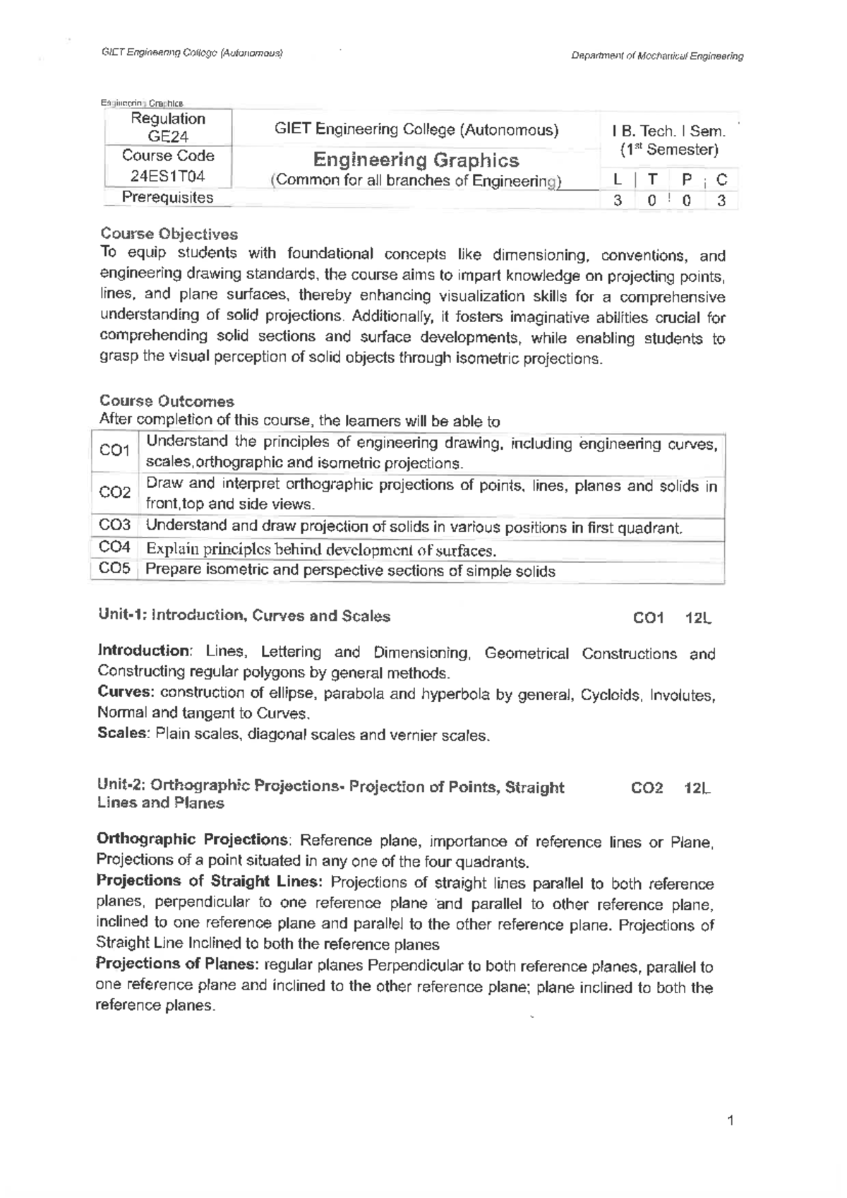 Engineering Graphics Syllabus - GE24 - I B. Tech. I Sem. - Studocu