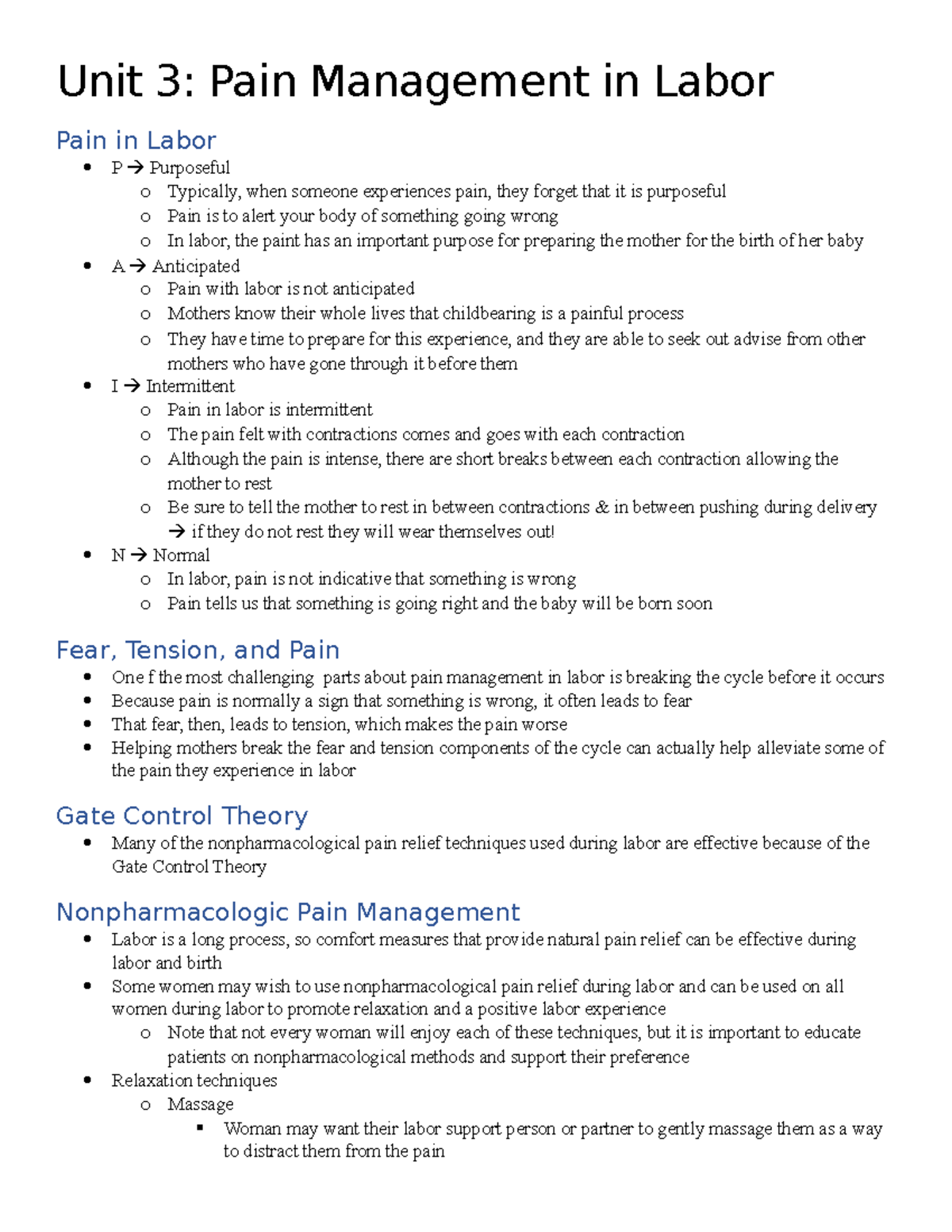 Unit 3: Comprehensive Guide to Pain Management in Labor - Studocu