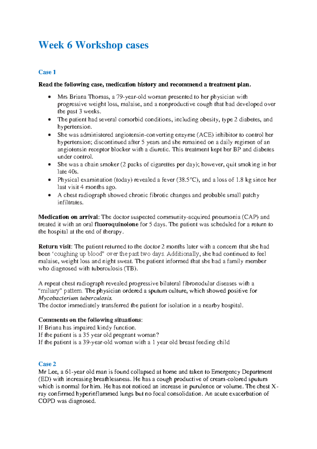 Week 6 Workshop Cases: Treatment Plans for Complex Patient Scenarios ...
