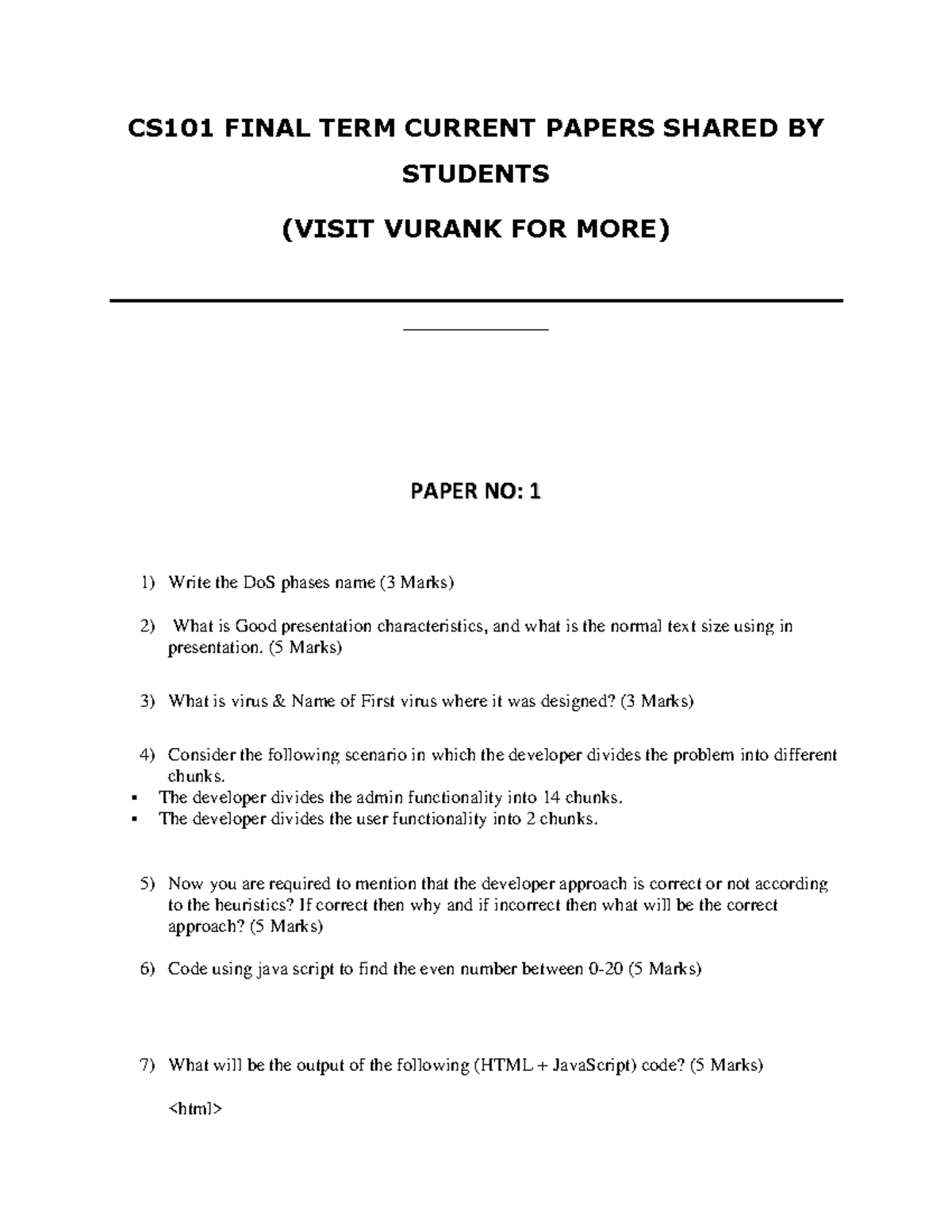 CS101 Final Term Current Papers from Vurank for Students - Studocu