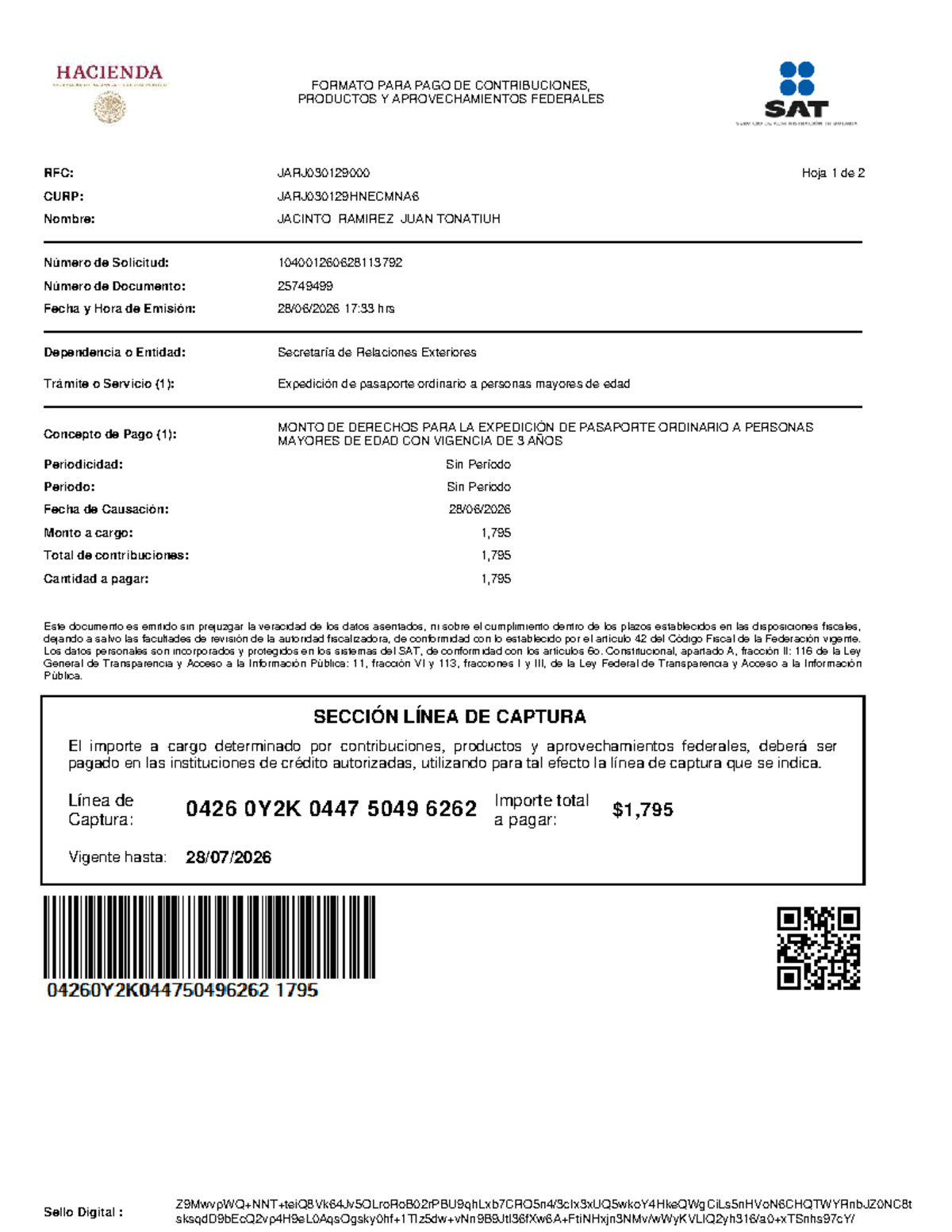 Formato de Pago para Contribuciones Federales - RFC y CURP - Document Preview