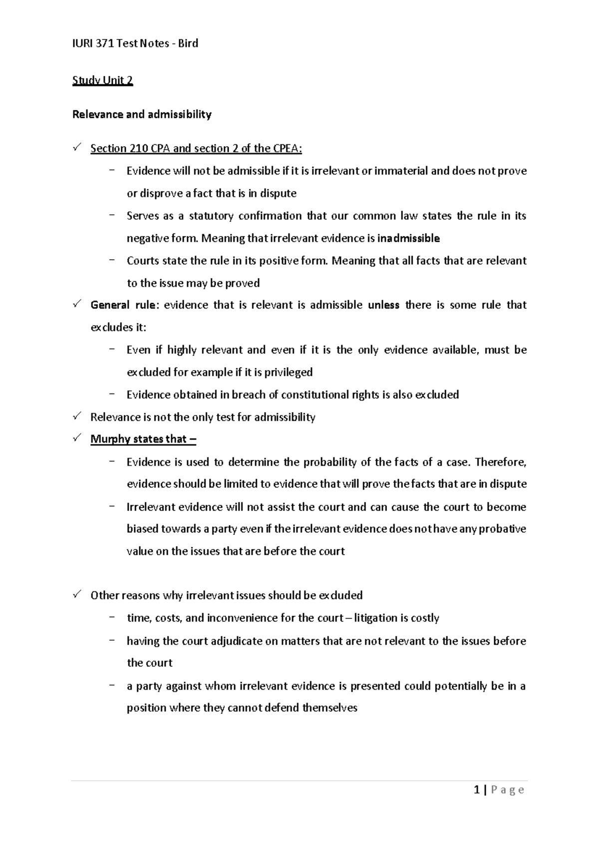 IURI 371 Final Exam Test Notes: Relevance and Admissibility of Evidence ...
