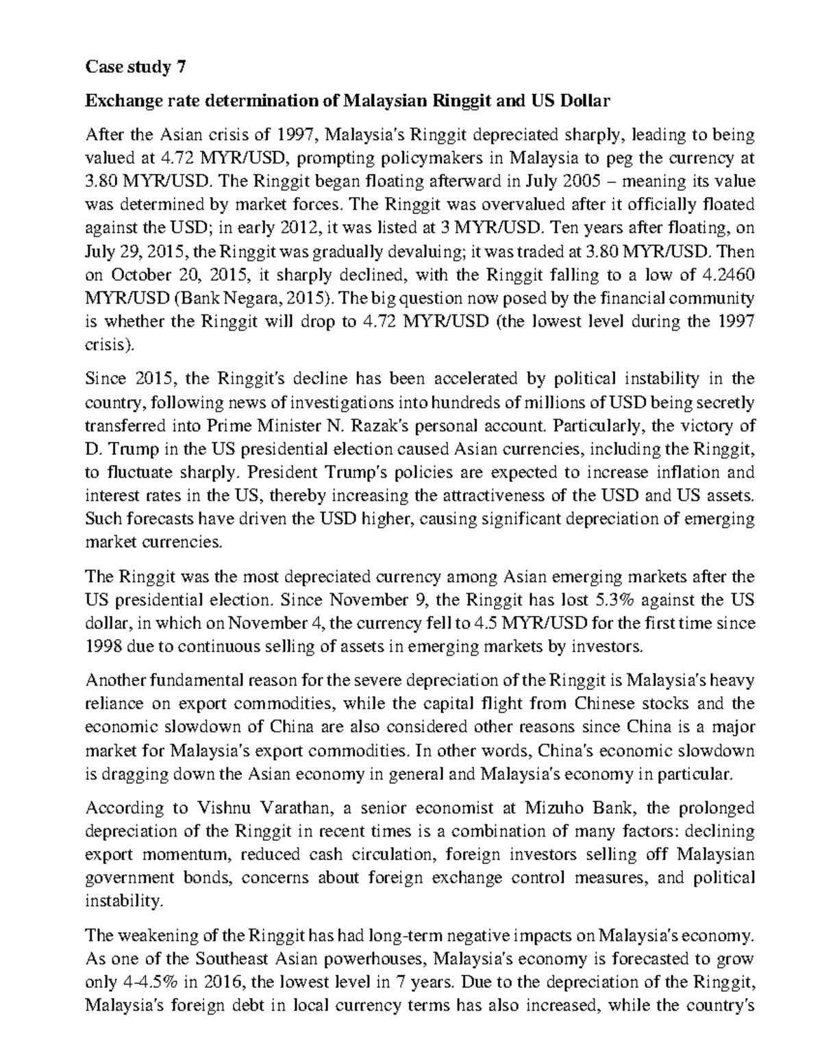 Case study 7 - Exchange rate determination of MYR and USD post-1997 ...