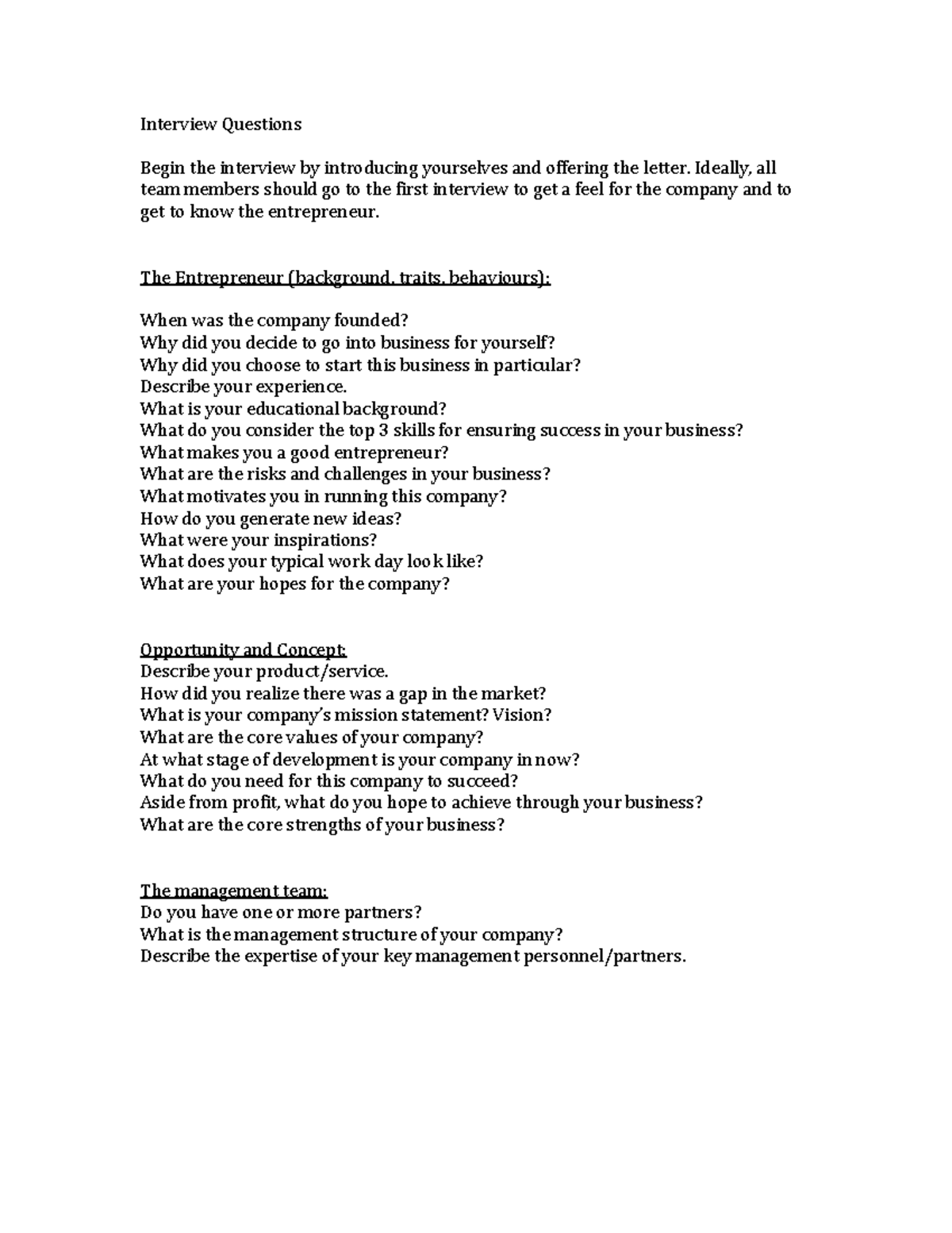 Entrepreneurship Interview Questions Guide for BUS 101 - Studocu