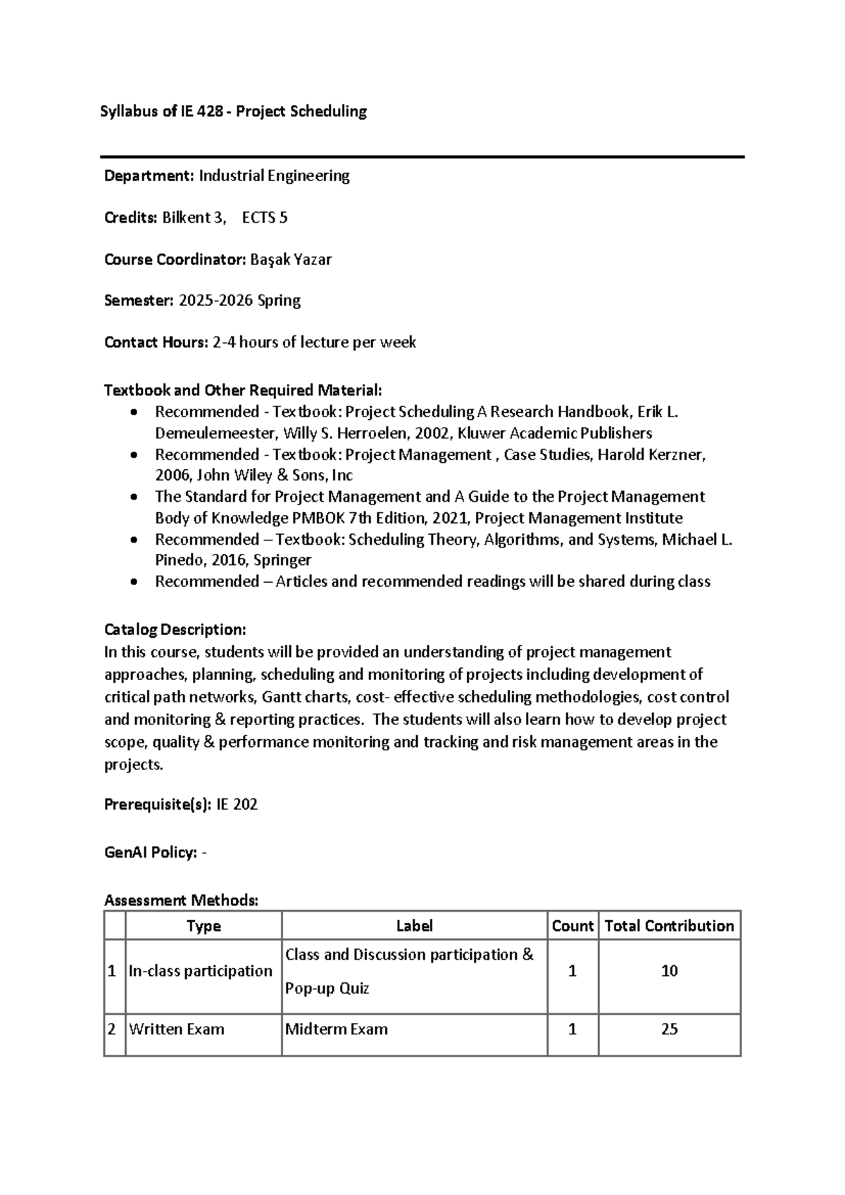 IE 428 Syllabus: Project Scheduling Overview and Course Details - Studocu