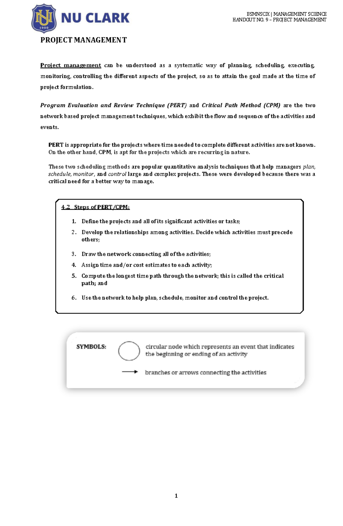 BSMNSCIX MANAGEMENT SCIENCE HANDOUT NO. 9: PROJECT MANAGEMENT ...