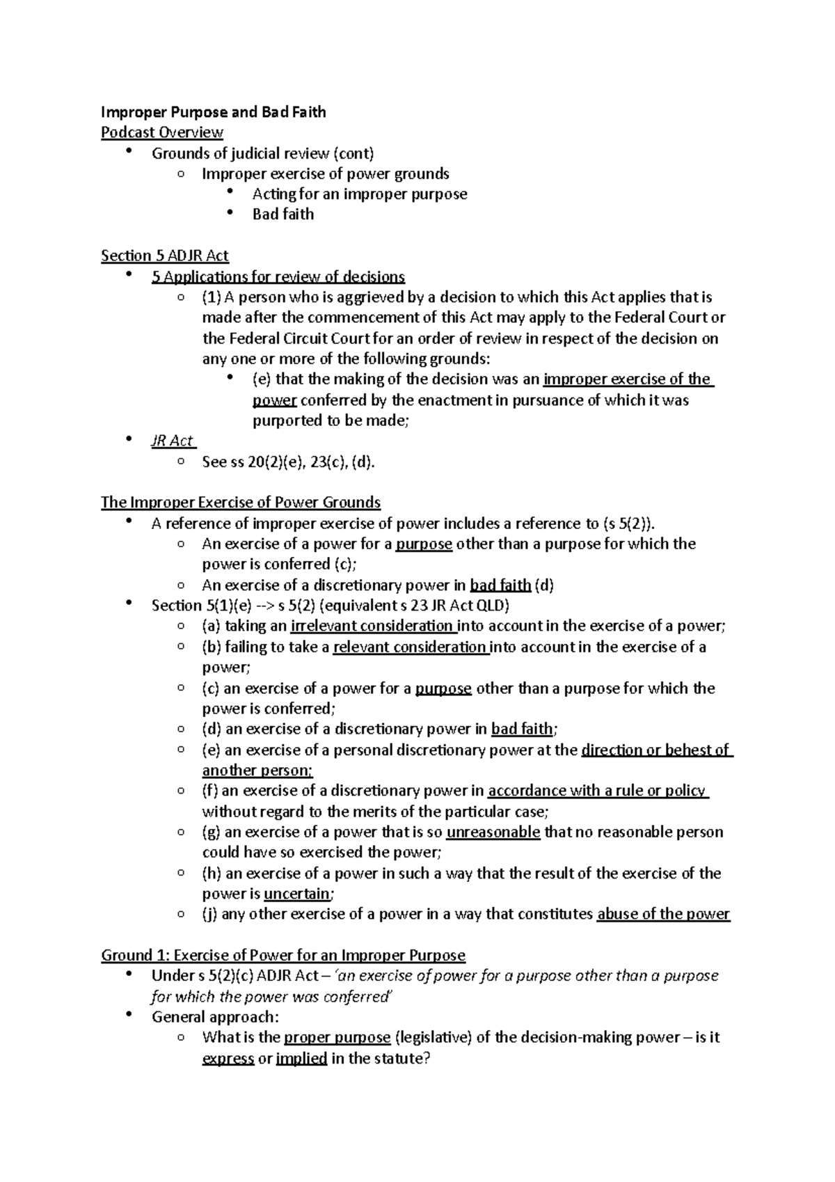 Week 6 - Lecture Notes on Improper Purpose and Bad Faith - Studocu