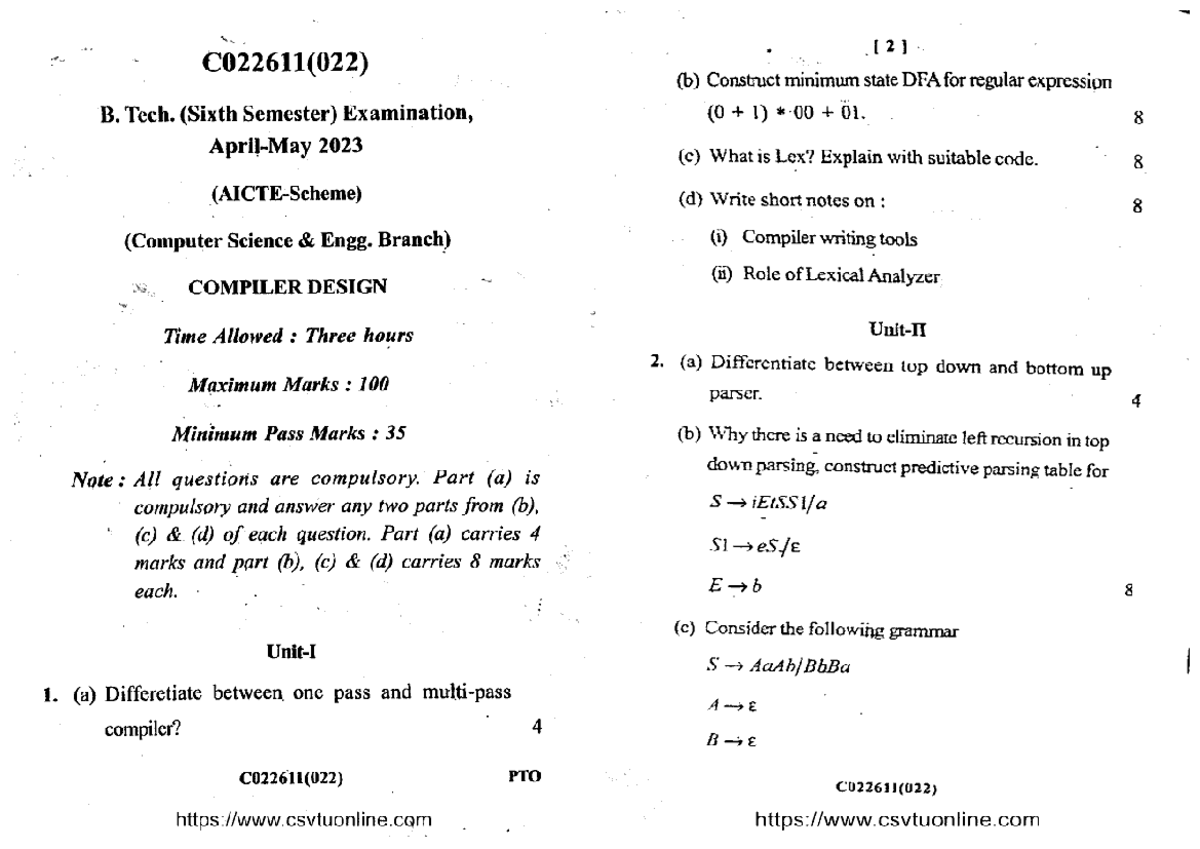B.Tech CSE 6th Sem Compiler Design Exam Notes C022611 May 2023 - Studocu