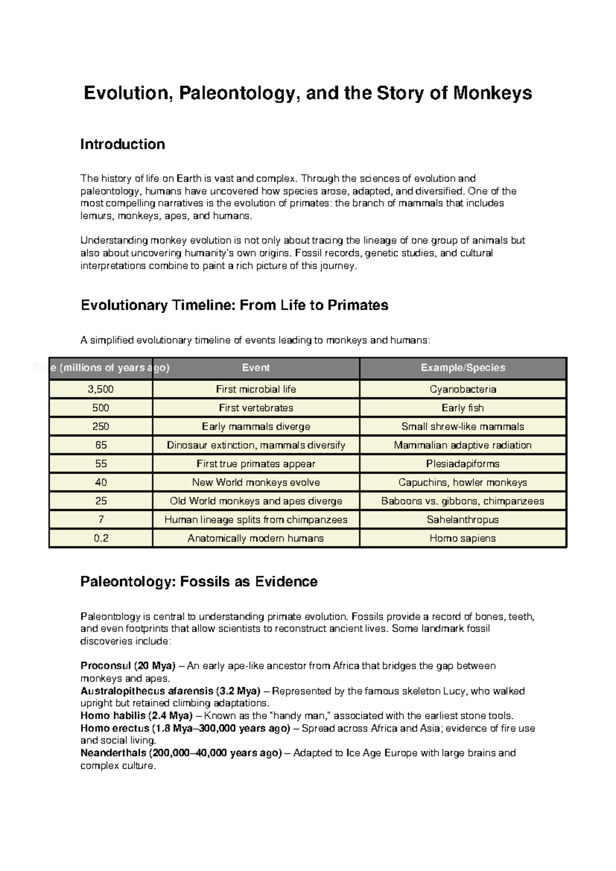 Evolution and Paleontology of Monkeys: A Comprehensive Overview - Studocu