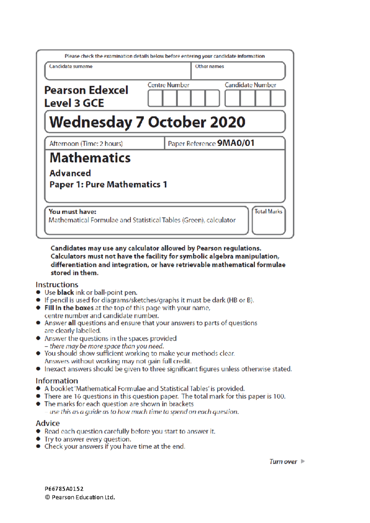 Pure Maths 1: October 2020 Exam Questions and Solutions - Studocu