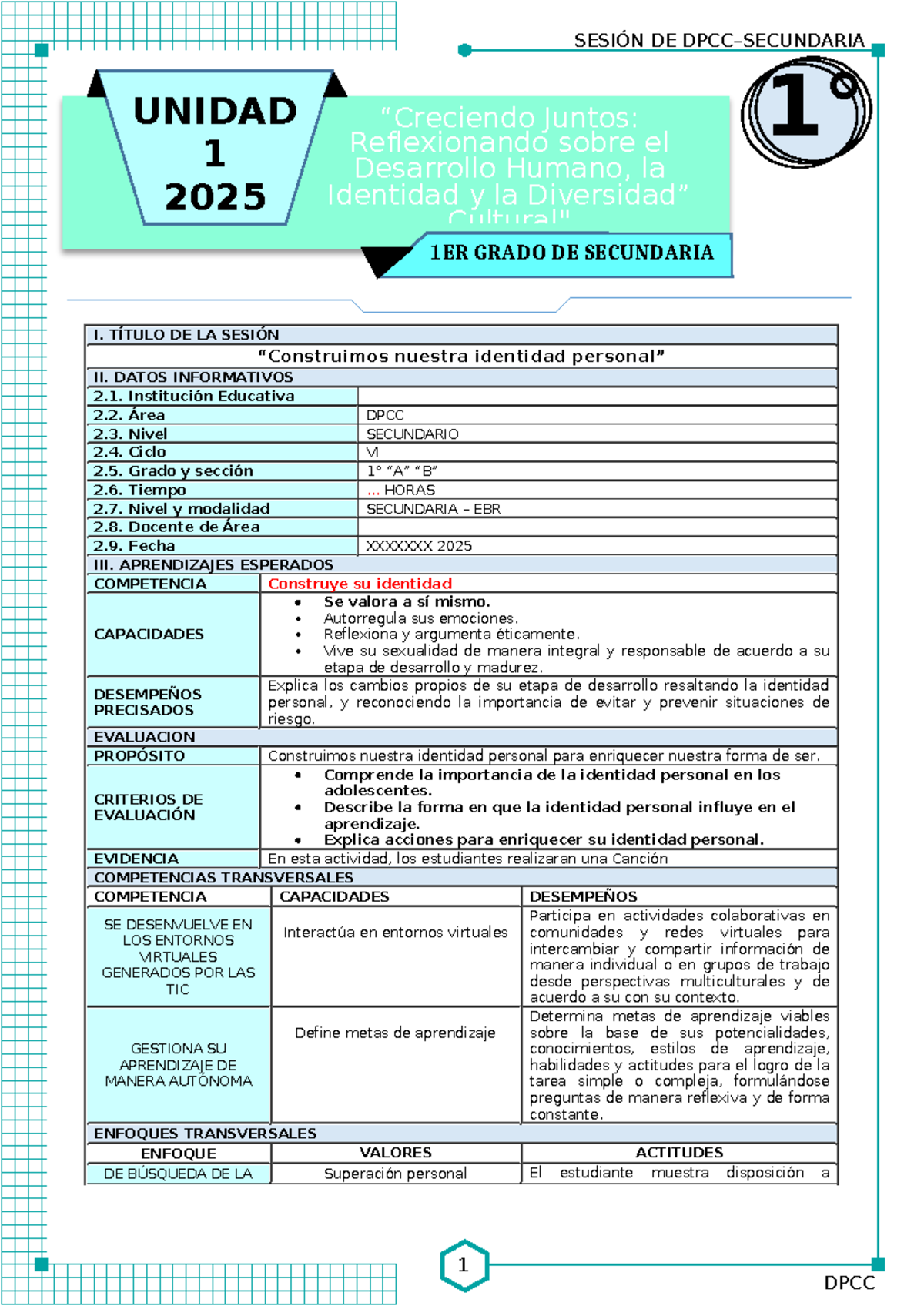 SESION DE APRENDIZAJE DPCC 2025: Construyendo Nuestra Identidad ...