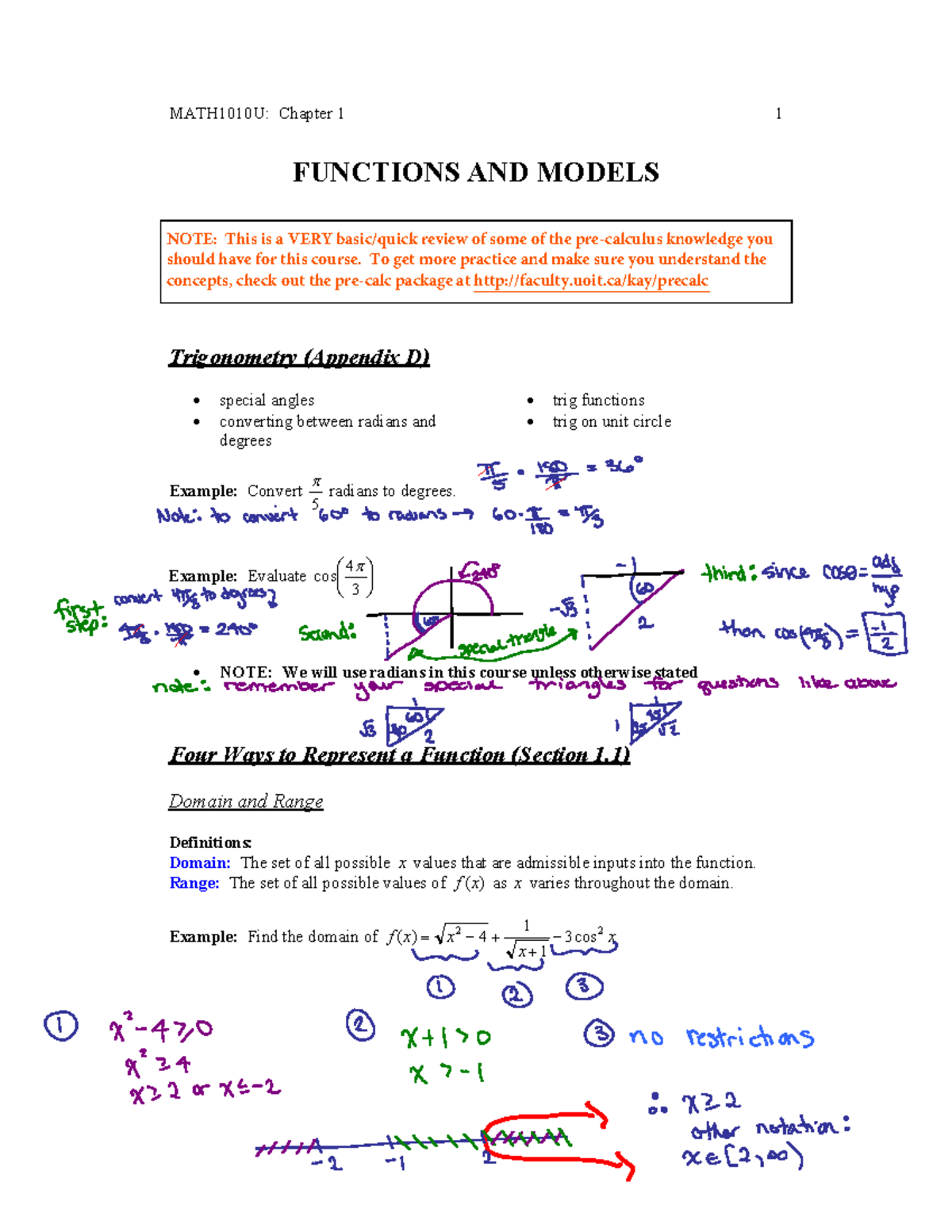MATH1010U: Chapter 1 Functions and Models Review Notes - Studocu