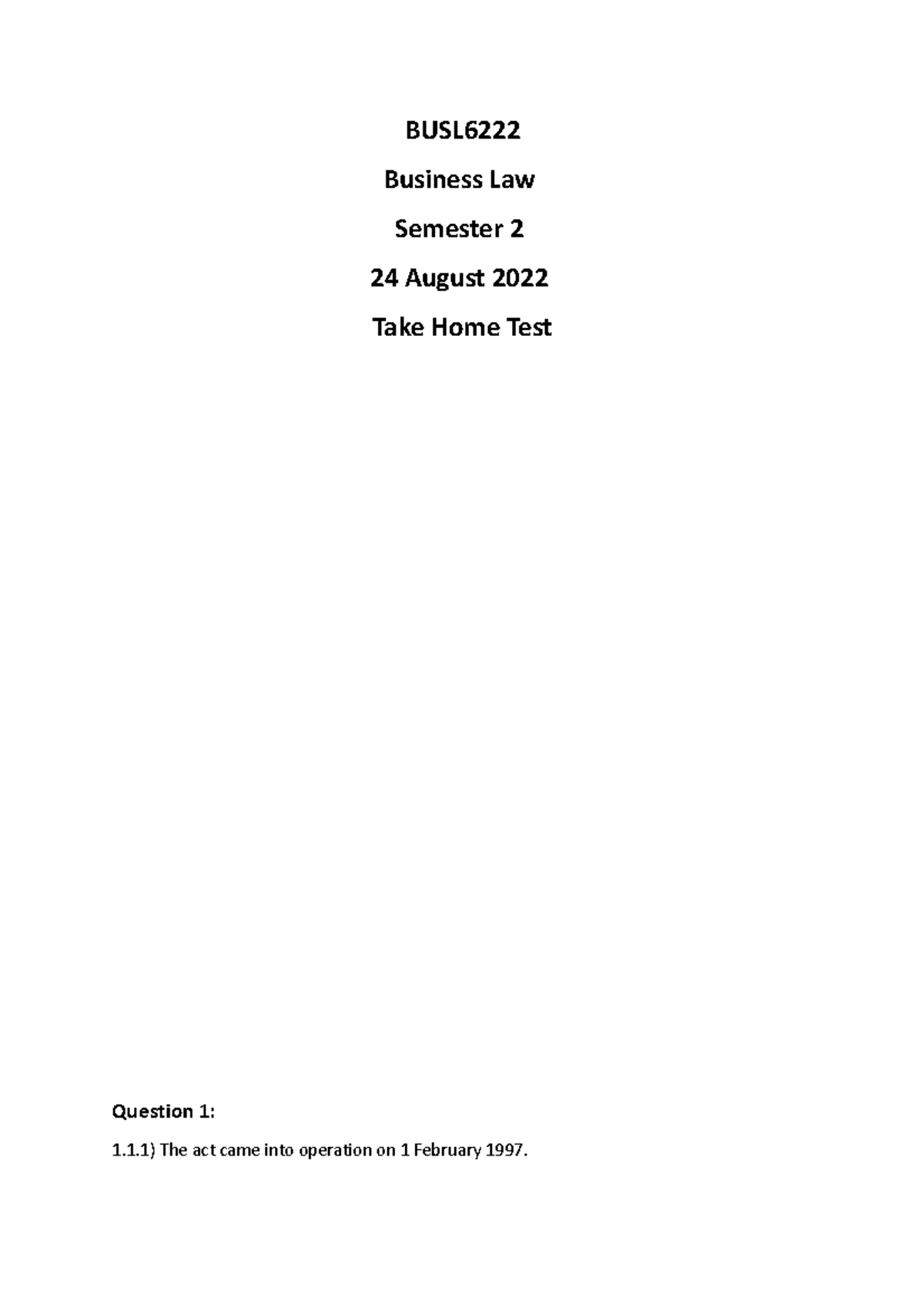BUSL6222 - Business Law Take Home Test Semester 2 2022 - Studocu