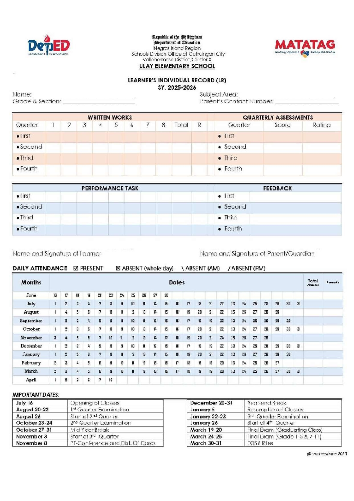Philippines DepEd Guihulngan City Individual Record & Assessments SY ...