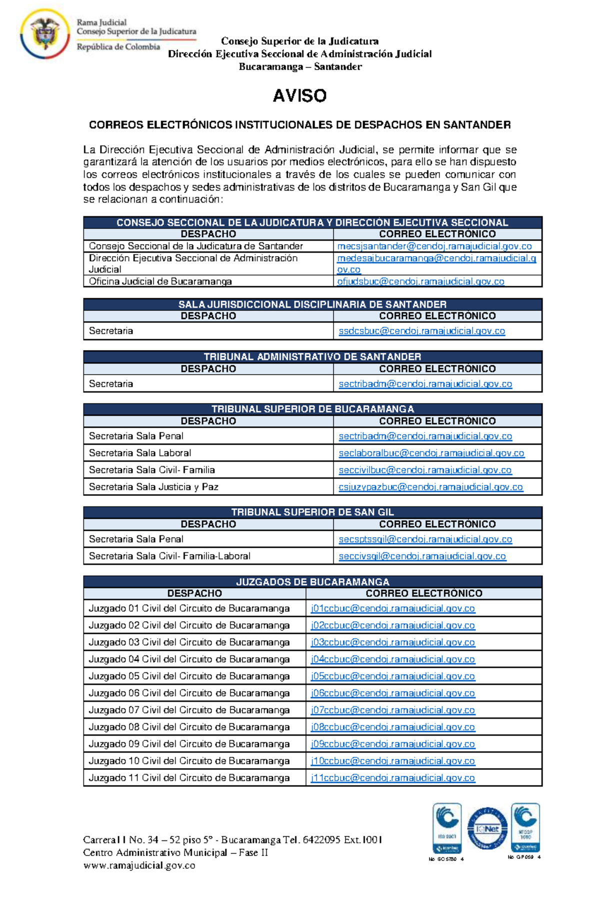 Correos Electrónicos Institucionales de Juzgados en Santander - Document Preview